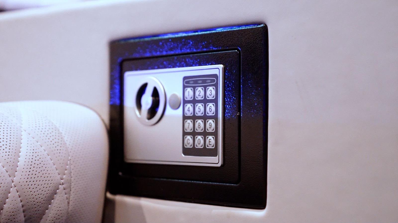 Close-up of the fitted keypad safe inside the Sprinter